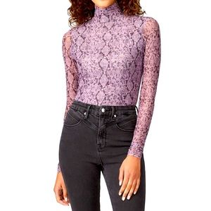 Purple Sheer Mesh Python Long Sleeve Turtleneck